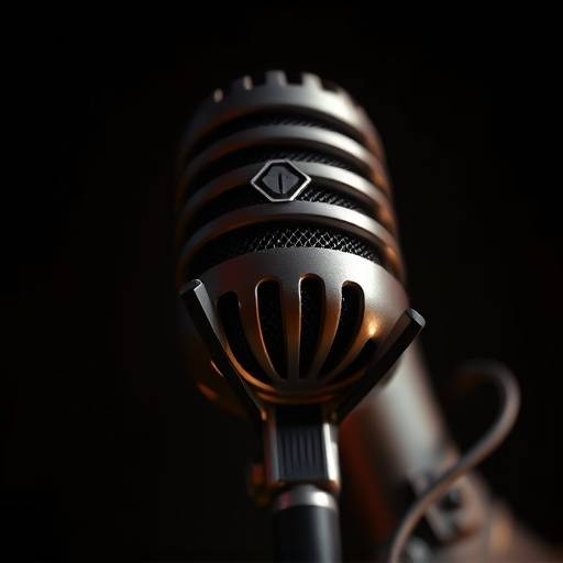 Primer plano de un micrófono de estudio sobre un fondo oscuro